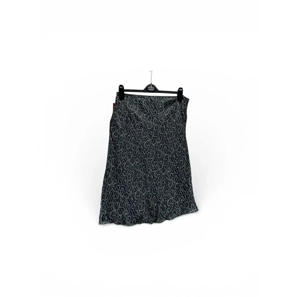 New 100% Silk Swirl Print Skirt XL Black White Bias Cut Y2K Minimal Office Siren